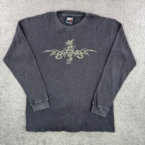 VTG Y2K Top Heavy Tribal Dragon Thermal Shirt Mens Large Yin Yang Grey L/S